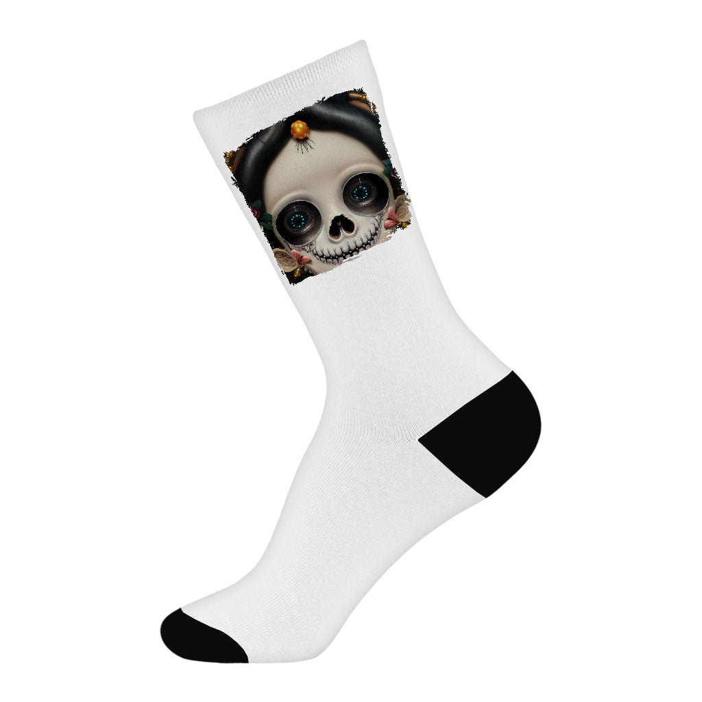 Sugar Skull Socks - Floral Novelty Socks - Skeleton Girl Crew Socks