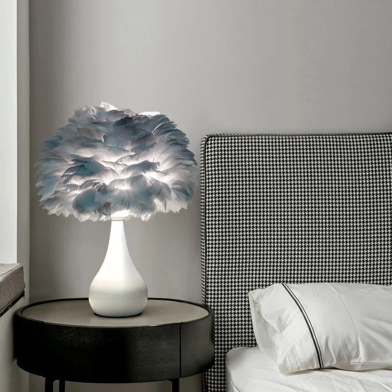 Chic White Feather LED Table Lamp - Fashionable Modern Decor for Bedroom & Living Room