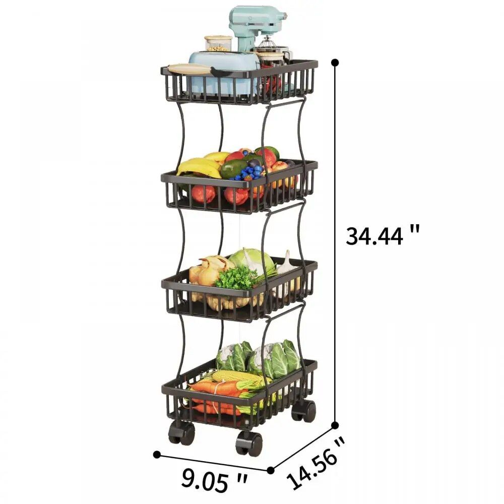 Wire Rolling Storage Cart - Multipurpose Black Utility Basket with Wheels