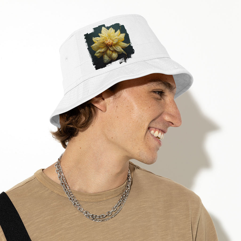 Dahlia Flower with Leaves Bucket Hat - Botanical Hat - Colorful Bucket Hat