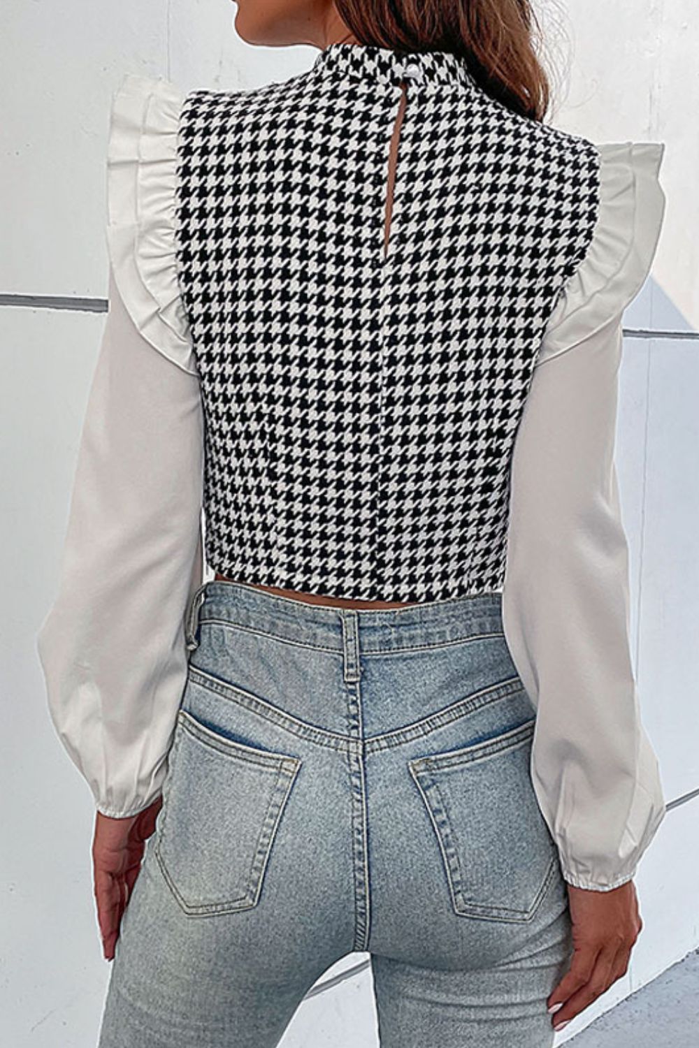 Houndstooth Ruffle Shoulder Mock Neck Crop Top