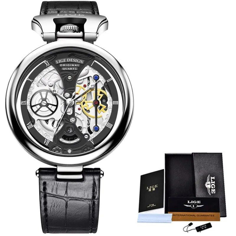 Elegant Casual Leather Skeleton Quartz Wrist Watch with Stainless Steel Case