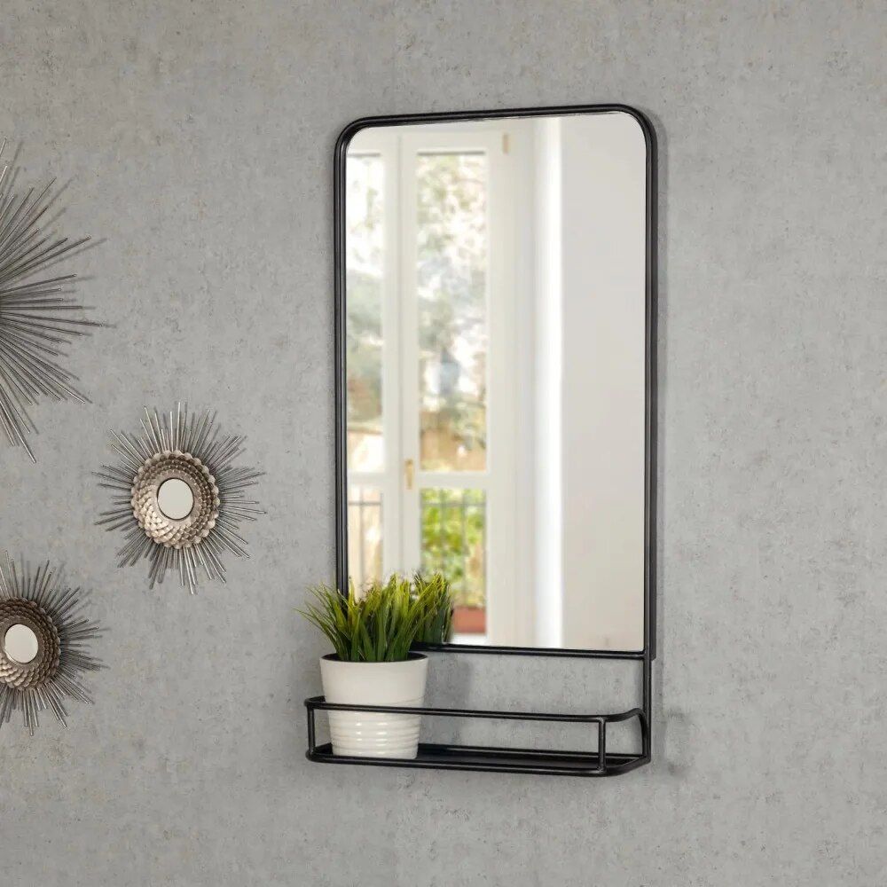 Modern Black Metal Wall Mirror with Shelf - 15.5 x 30 inch Rectangular Magnifying Mirror