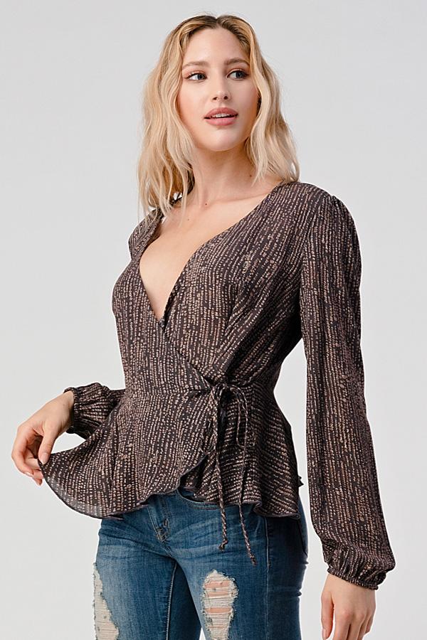 Surplice Long Sleeve With Peplum Hem Blouse Top