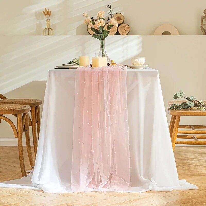 Elegant Pink Pearl Mesh 10FT Table Runner