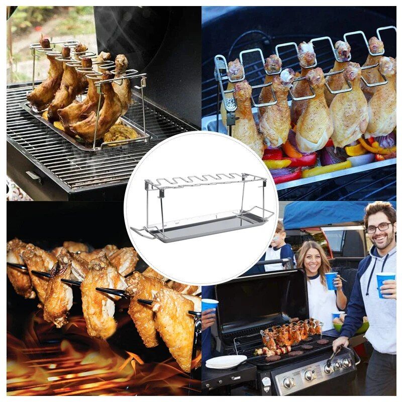 Ultimate BBQ Chicken Leg Wing Grill Rack with Stainless Steel Roaster Stand and Drip Pan