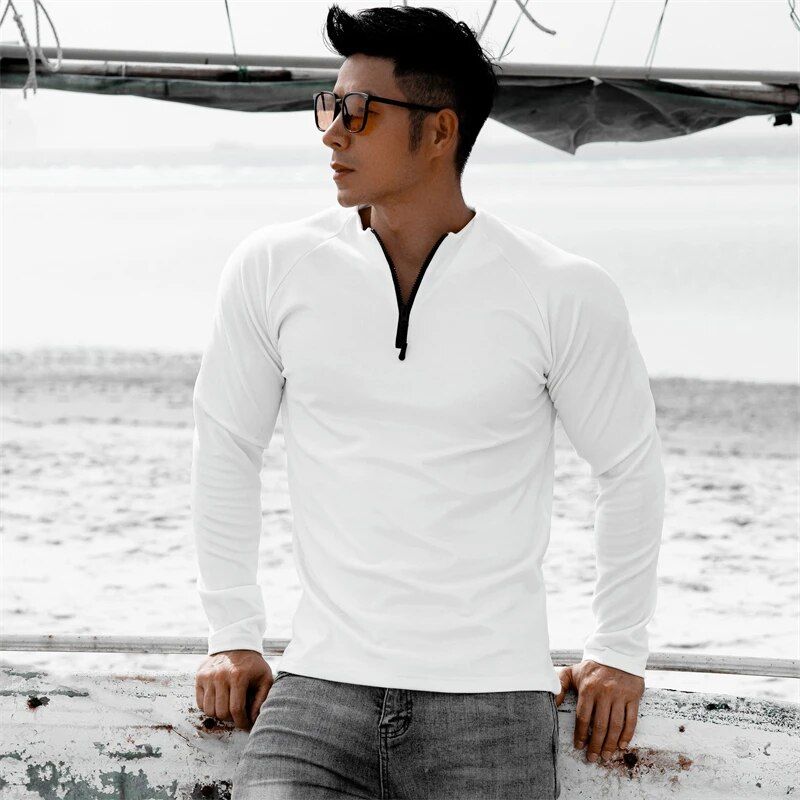 Men's Long Sleeve Slim Fit Sports T-Shirt with Zipper Neckline