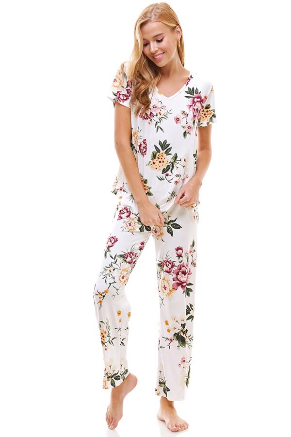 Loungewear set for women's floral print short sleeve and pants