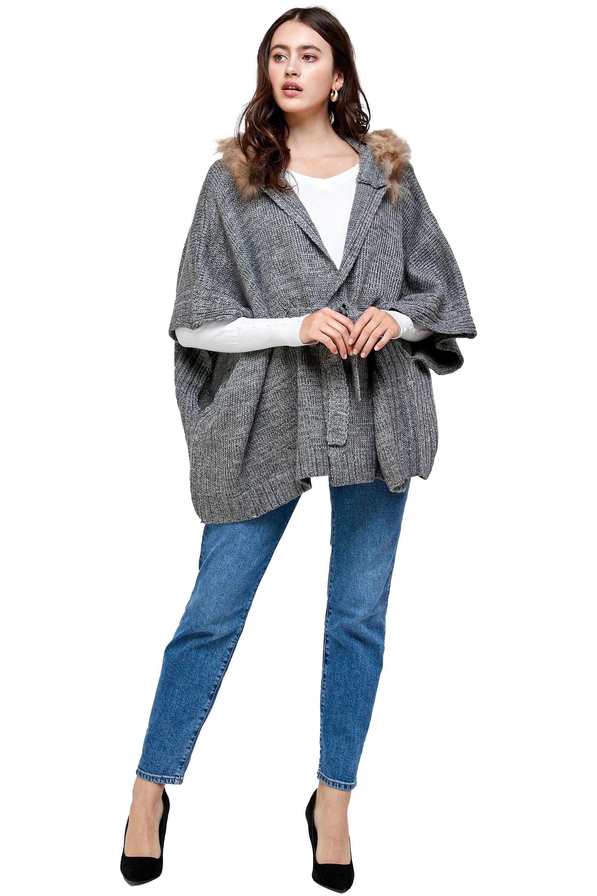 Hoodie Poncho Sweater Cardigan Fur Trim Top