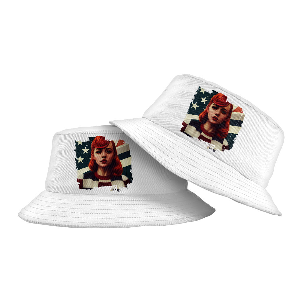 Girl Red Hair American Bucket Hat - Patriotic Hat - Art Bucket Hat