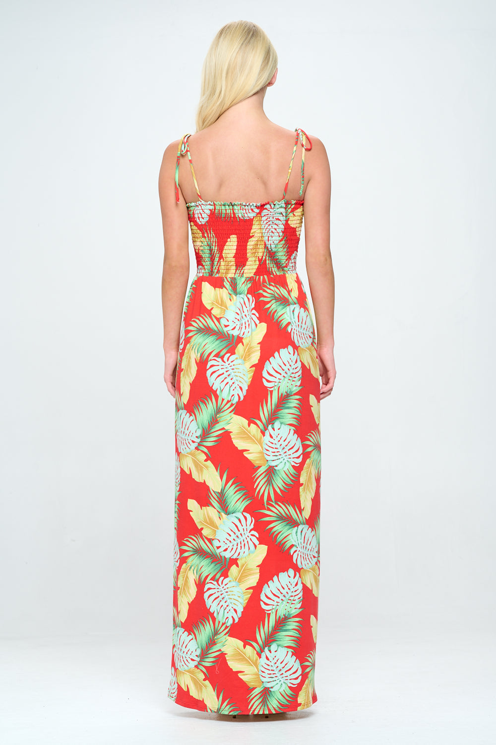 Smocked tropical print maxi dress