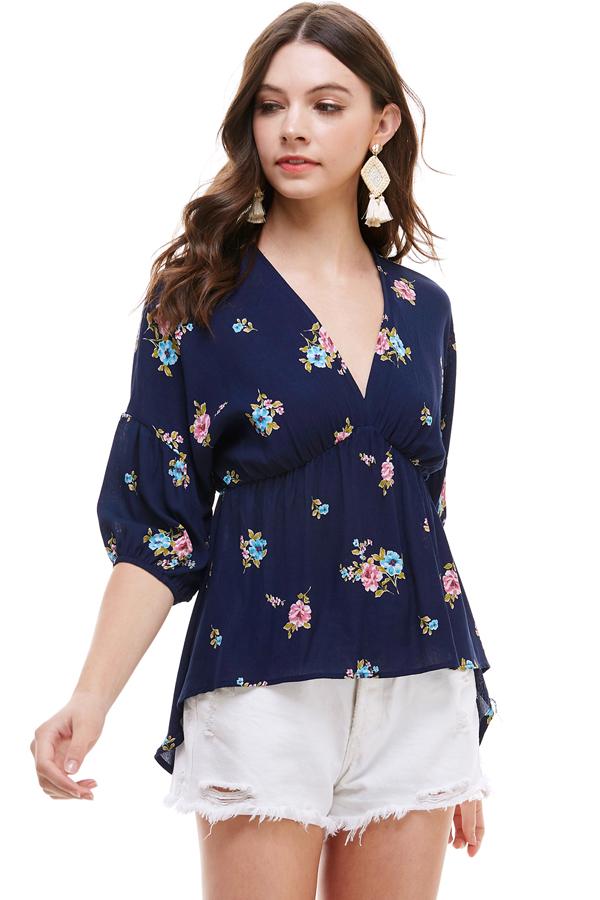 Ditsy Floral Dolman Long Sleeve V Neck Blouse