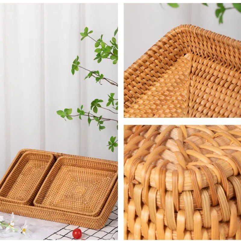 Handmade Woven Wicker Storage Trays - Square Bread Fruit Food Organizing Baskets