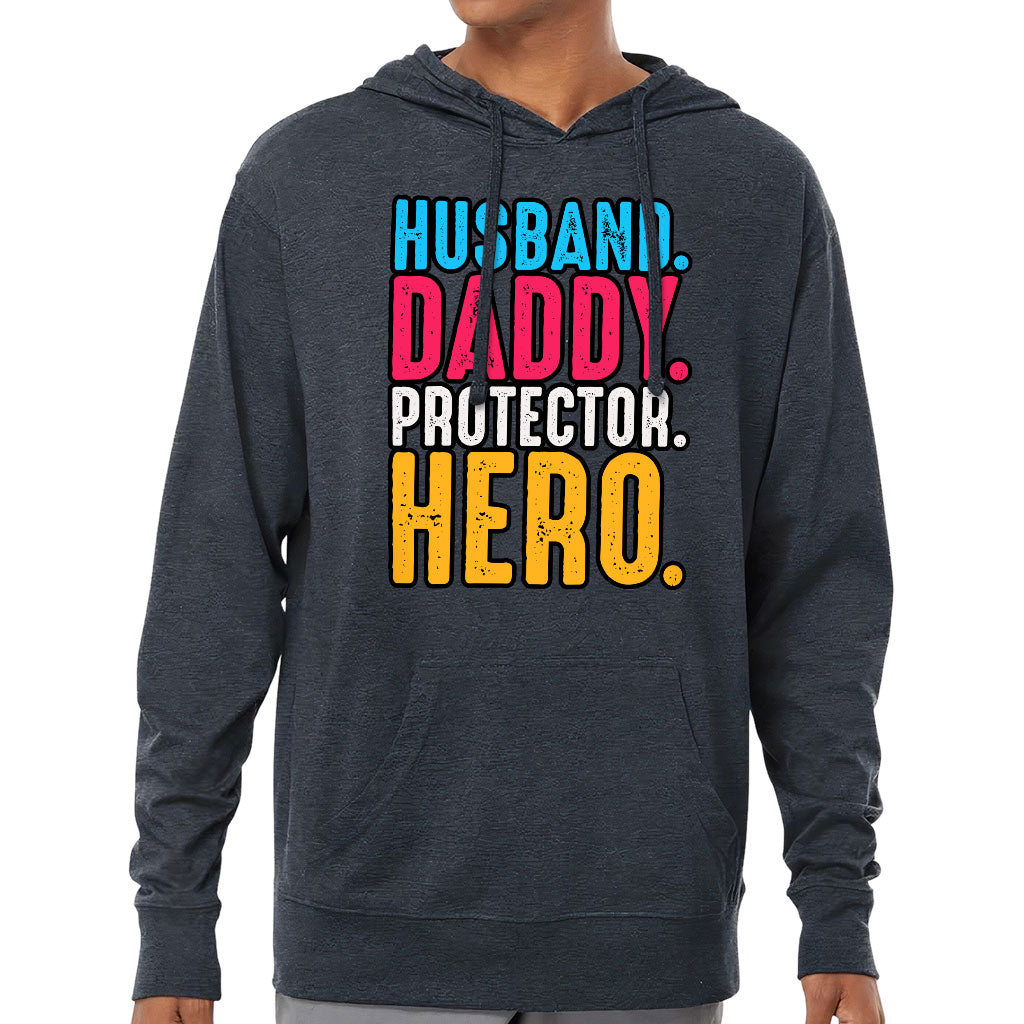 Husband Daddy Protector Hero Lightweight Jersey Hoodie - Cool Hooded Pullover - Printed Hoodie