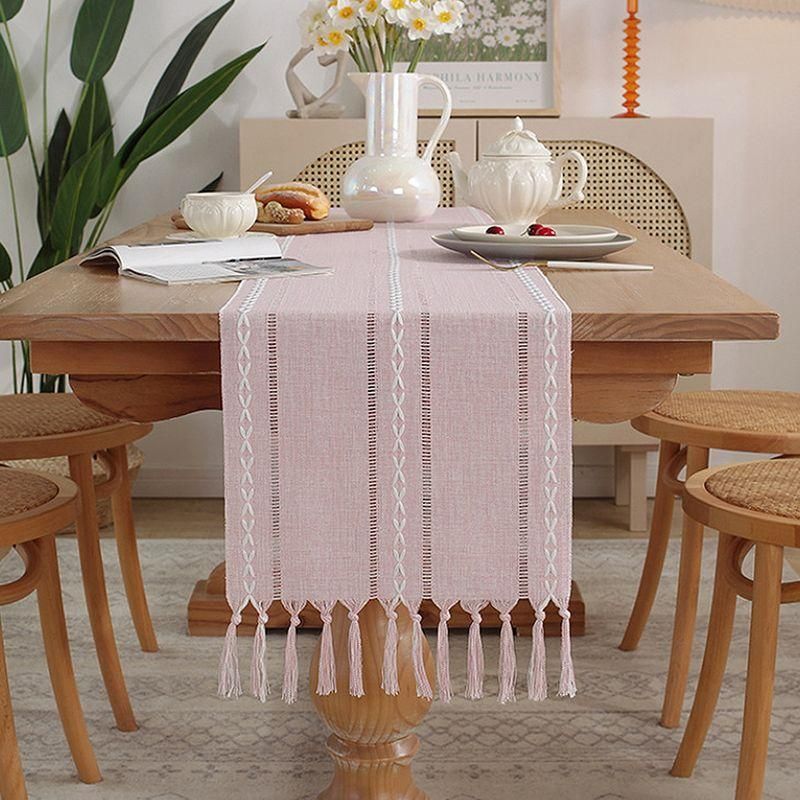 Bohemian Chic Woven Cotton Linen Table Runner with Handmade Tassels