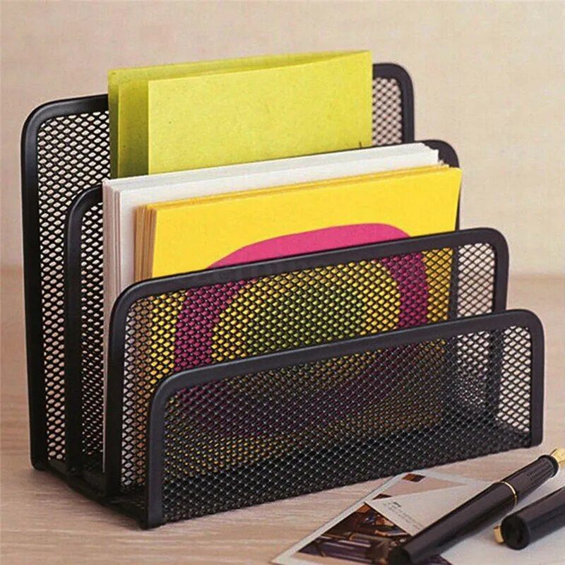 Sleek Black Metal Mesh Desk Organizer & Letter Sorter