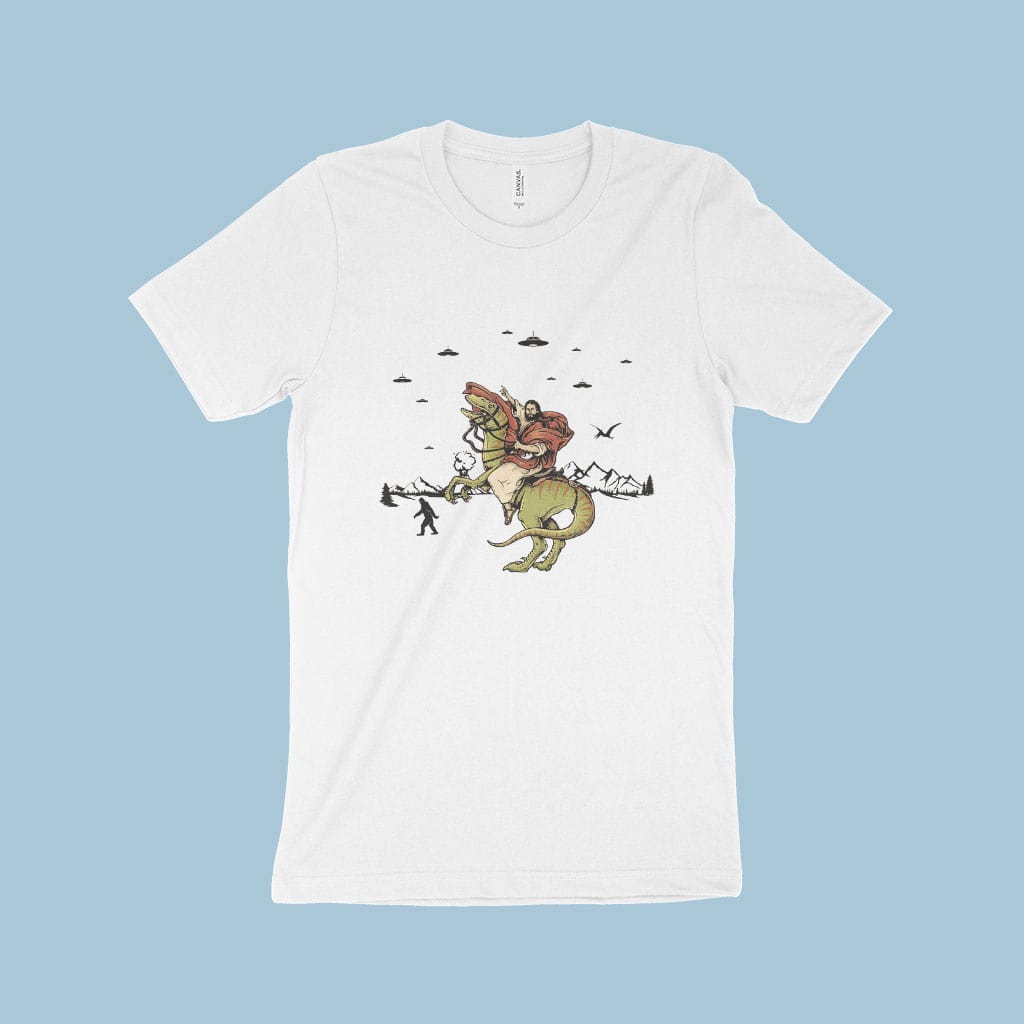 Jesus Riding Dinosaur T-Shirt Made in USA