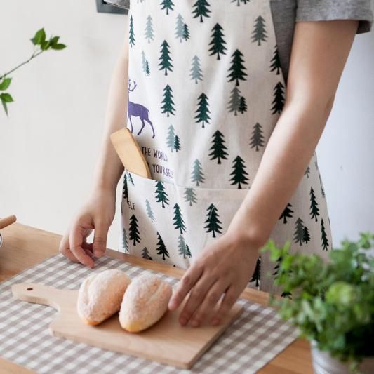 Festive Deer Print Cotton Apron with Pocket