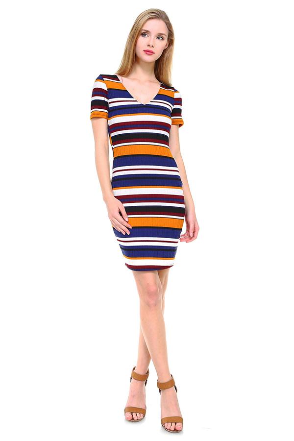 Multi Stripe V-Neck Short Sleeve Dress