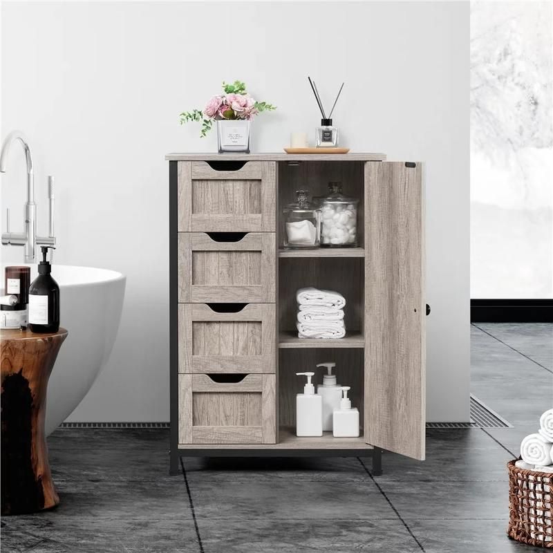 Elegant Gray Wooden Bathroom Storage Cabinet with 4 Drawers and Adjustable Shelves