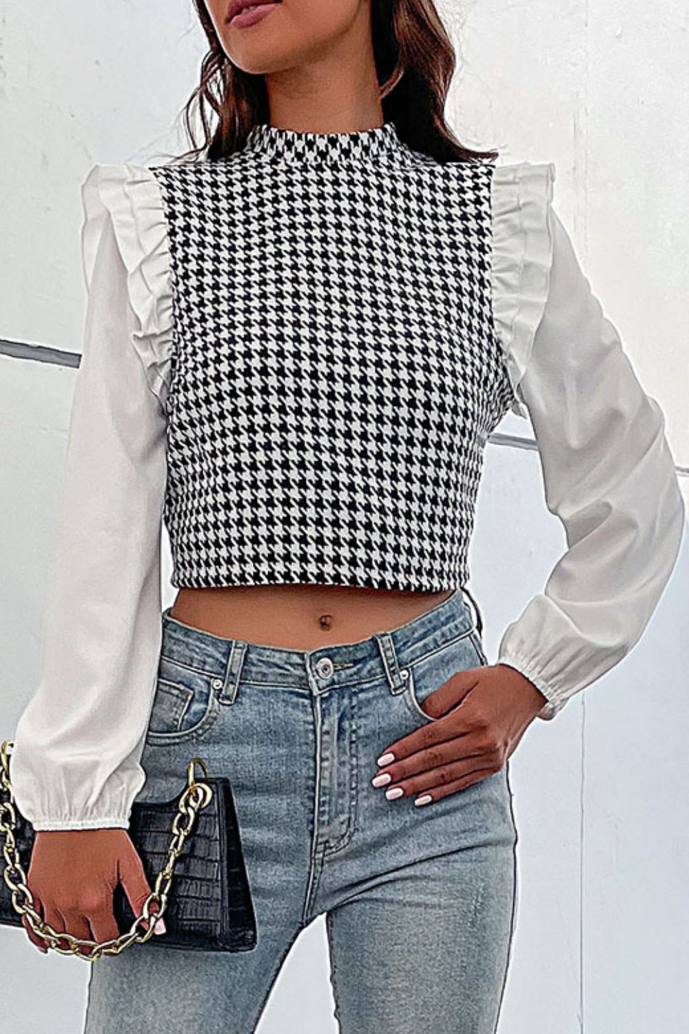 Houndstooth Ruffle Shoulder Mock Neck Crop Top