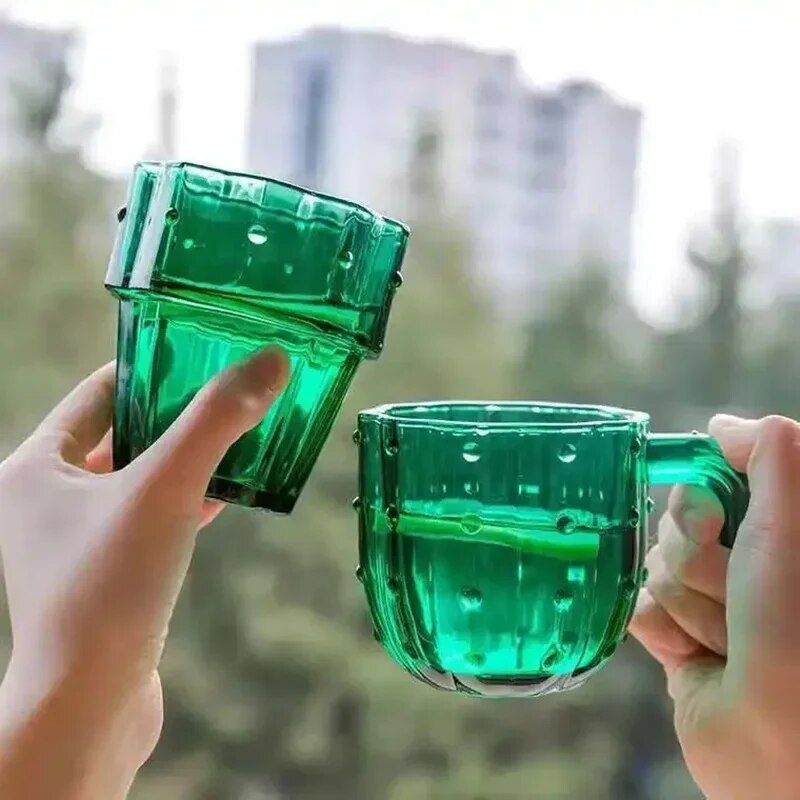 Cactus-Themed Stackable Glass Mug Set for Coffee, Tea & More