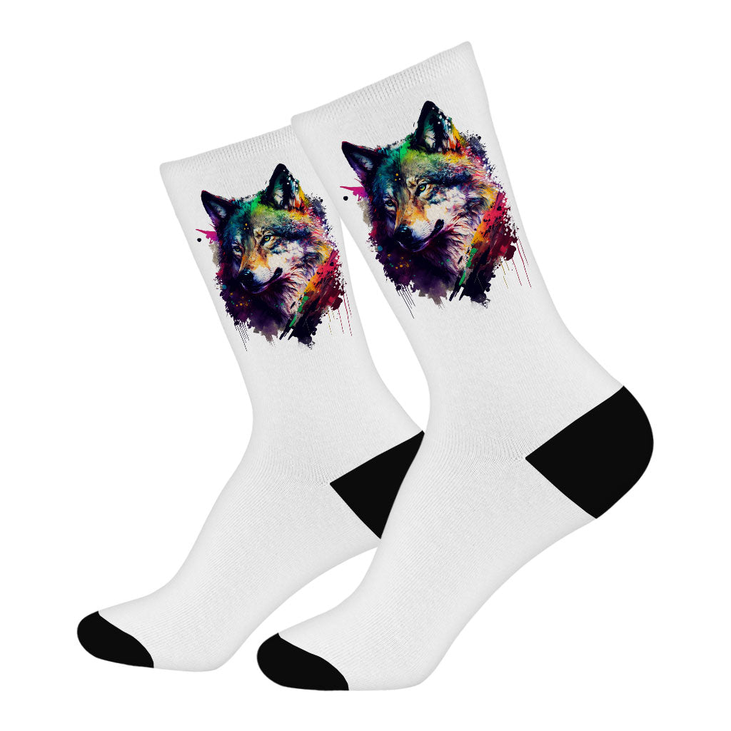 Colorful Wolf Socks - Cool Art Novelty Socks - Printed Crew Socks