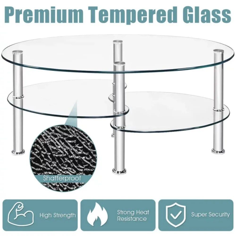 Elegant Oval Glass Coffee Table with Dual Storage Shelves and Metal Legs