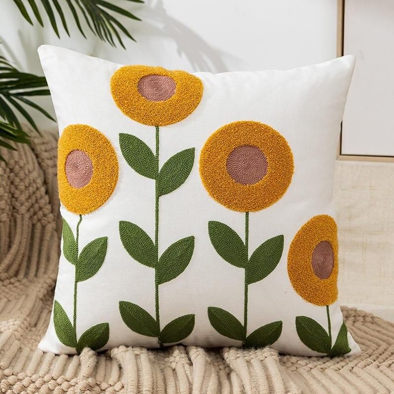 Embroidered Floral Canvas Cushion Cover