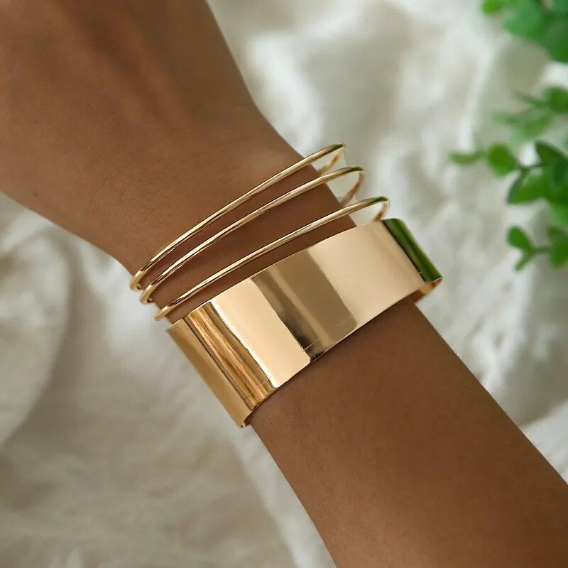 Gold-Plated Geometric Cuff Bangle - Women's Bohemian Wide Wire Statement Jewelry