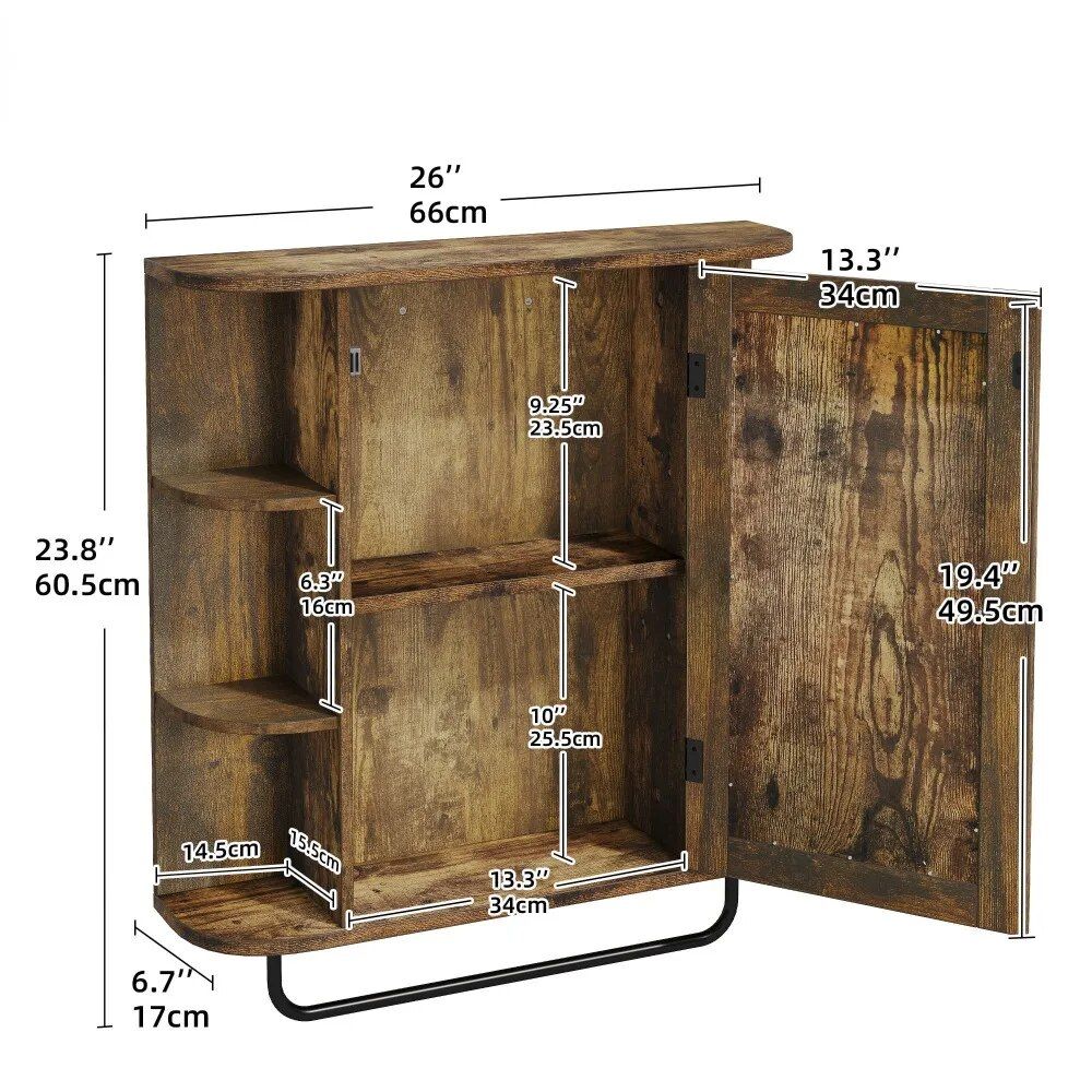 Wall-Mounted Brown Mirror Cabinet with Removable Shelf