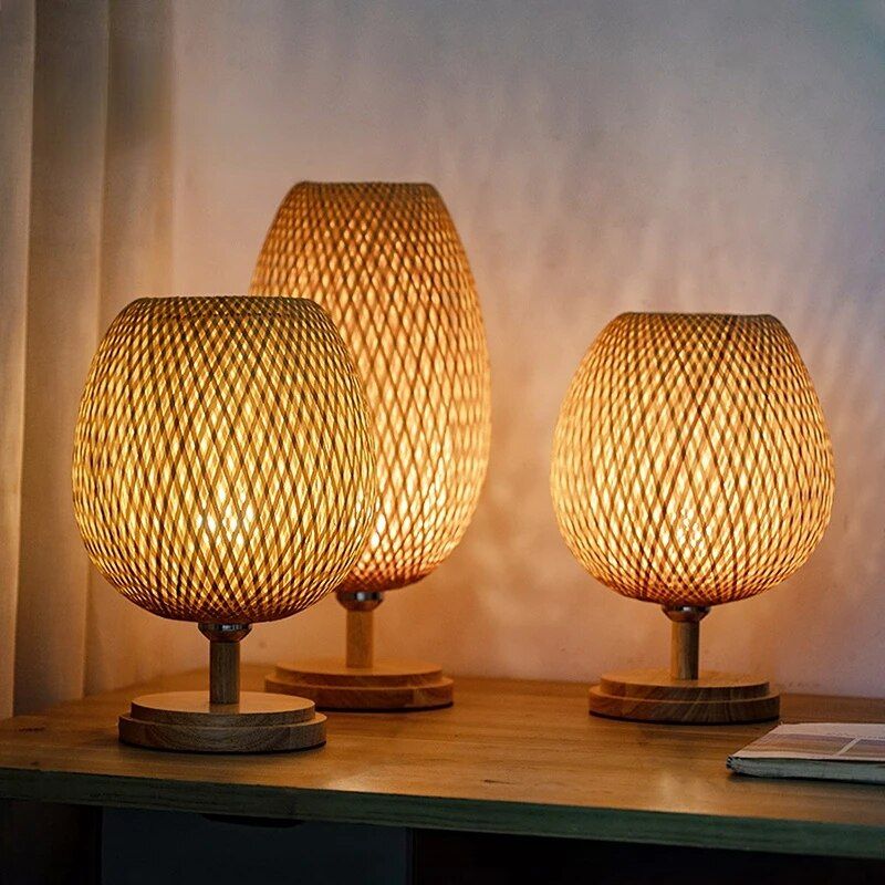 Handwoven Bamboo & Rattan Table Lamp: Retro Japanese-Style Bedside Lighting