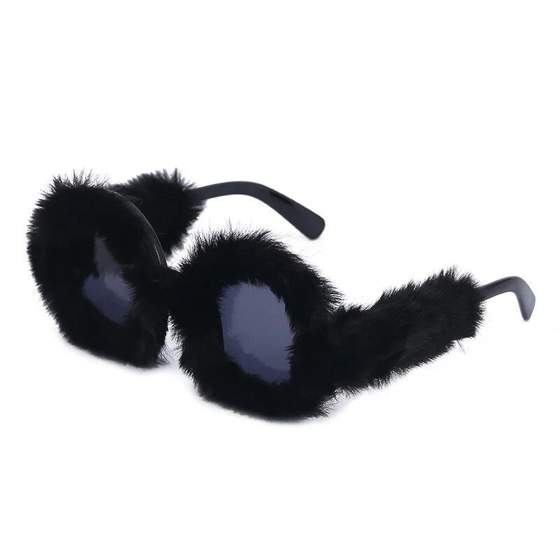 Luxury Plush Round Sunglasses - Women's Fluffy Fur-Trimmed Fashion Eyewear