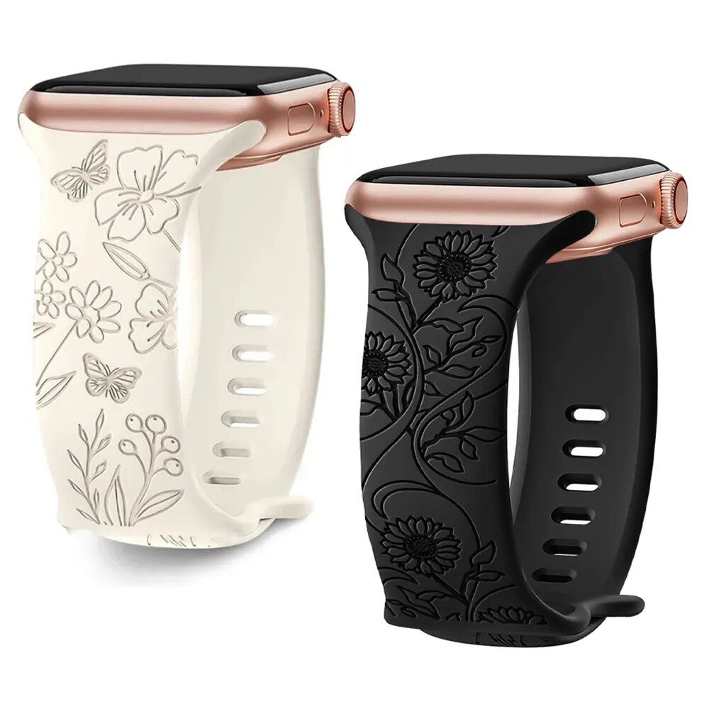 Floral Engraved Silicone Strap for Apple Watch - Fits All Series & Sizes