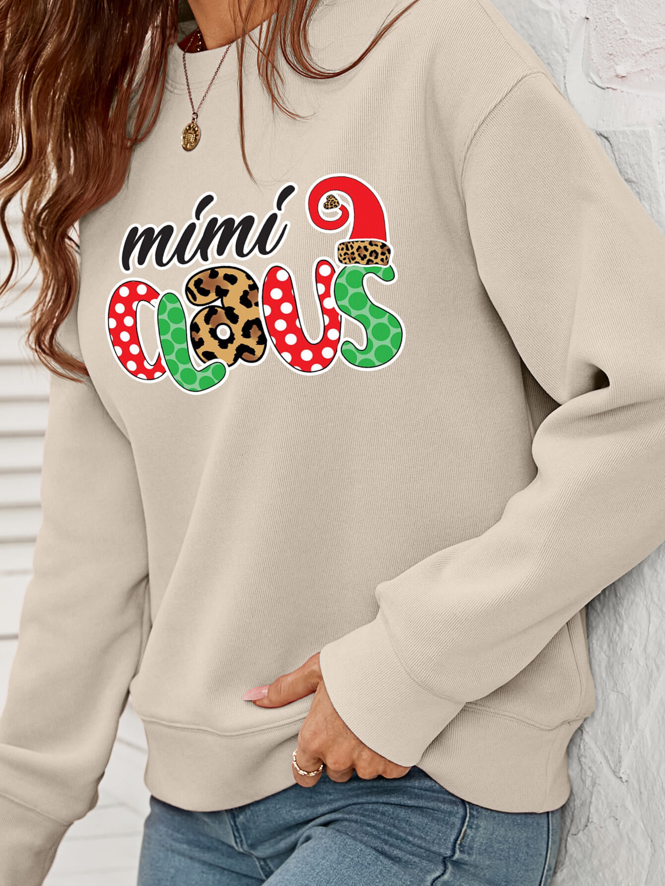 Mimi Clause Polka Dot Graphic Dropped Shoulder Sweatshirt