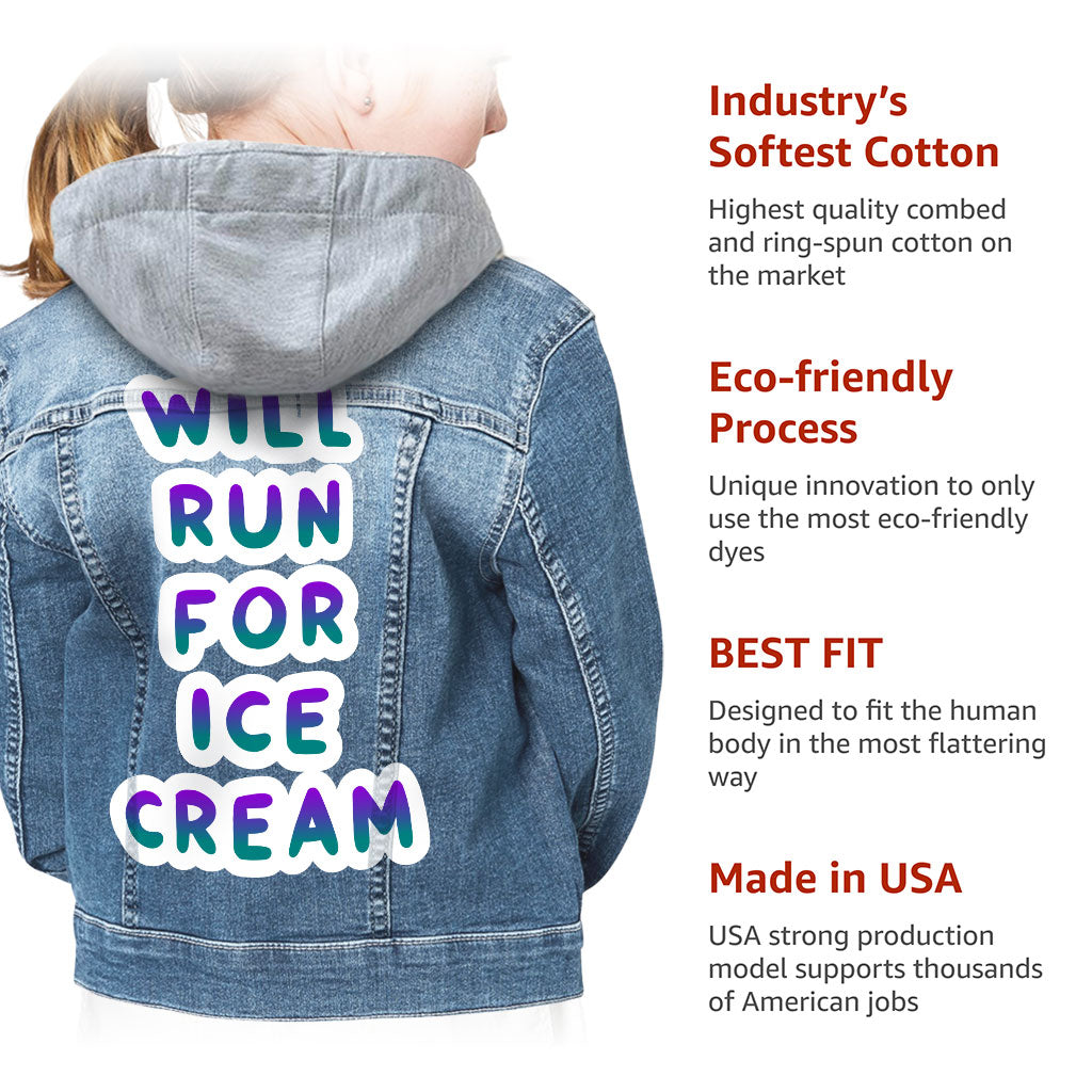 Will Run for Ice Cream Hooded Denim Jacket for Kids - Funny Jean Jacket - Cool Denim Jacket for Kids
