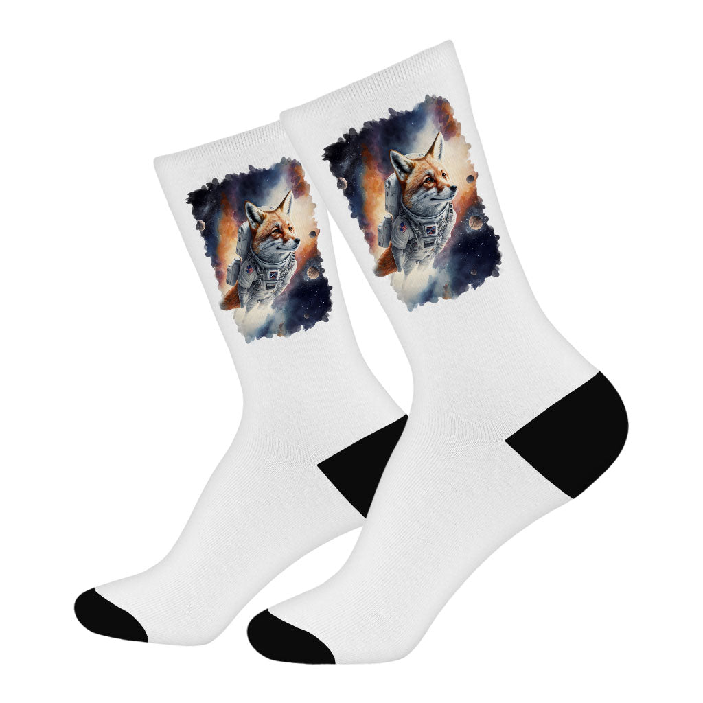 Cute Space Socks - Cute Fox Novelty Socks - Illustration Crew Socks