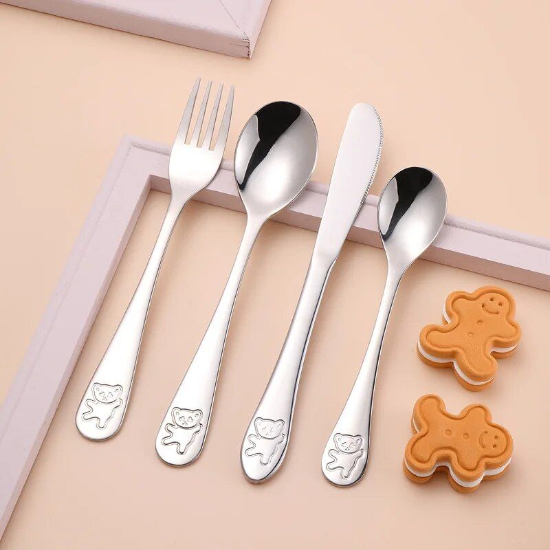 Kids' Adorable Cartoon Bear Stainless Steel Cutlery Set