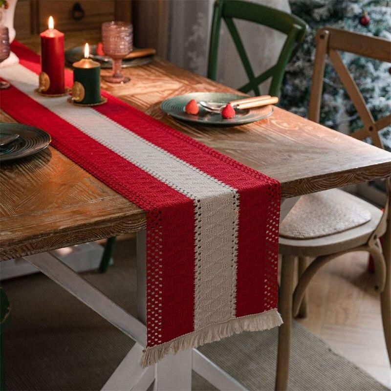 Chic Geometric Cotton Linen Table Runner with Tassel