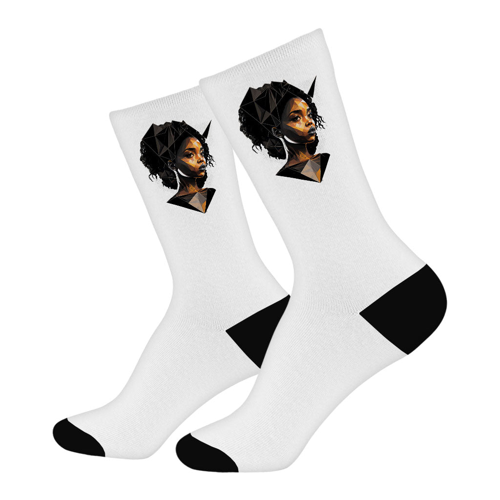 Cute Black Cartoon Girl Socks - Power Novelty Socks - Printed Crew Socks