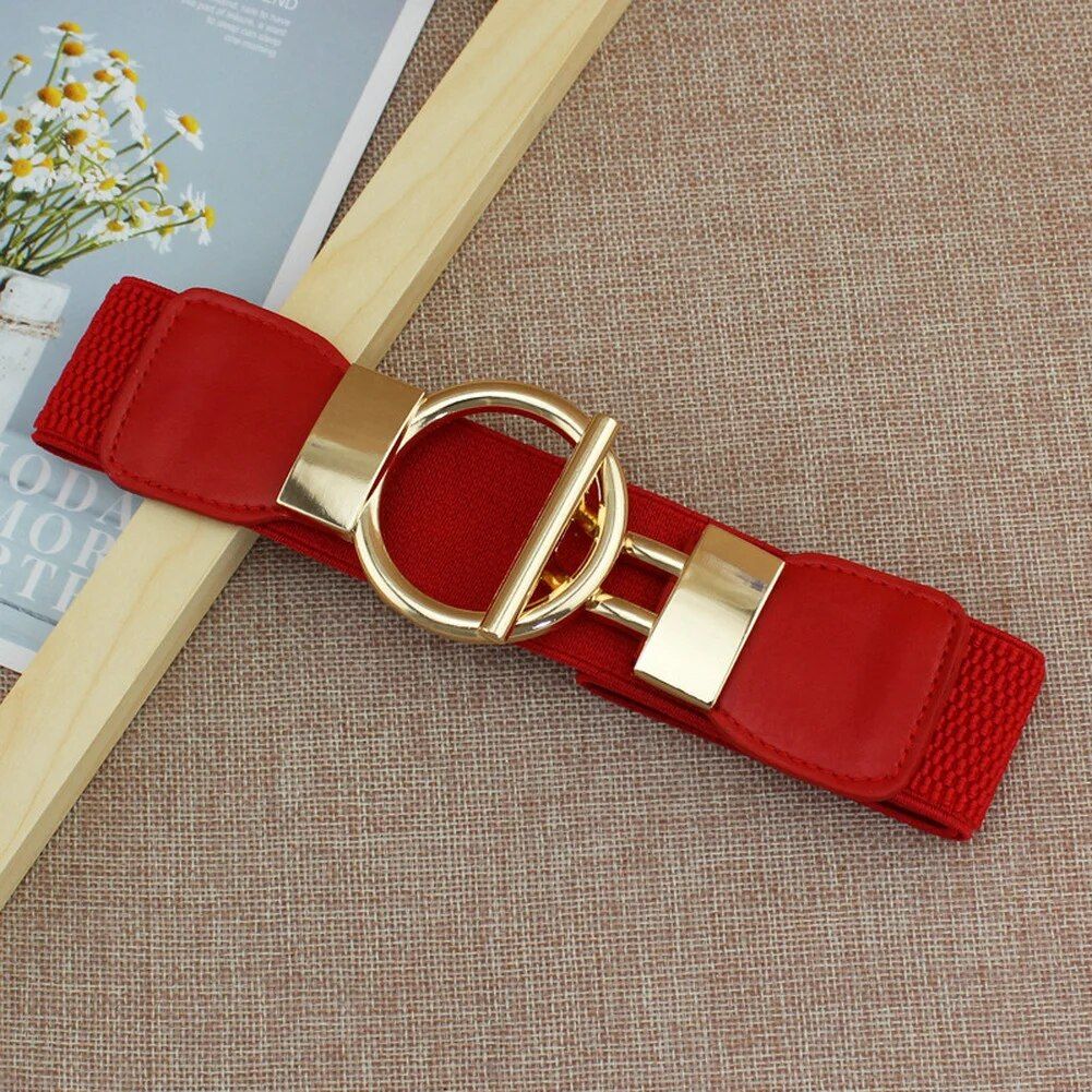 Elegant Elastic Fashion Belt for Women with Round Metal Buckle