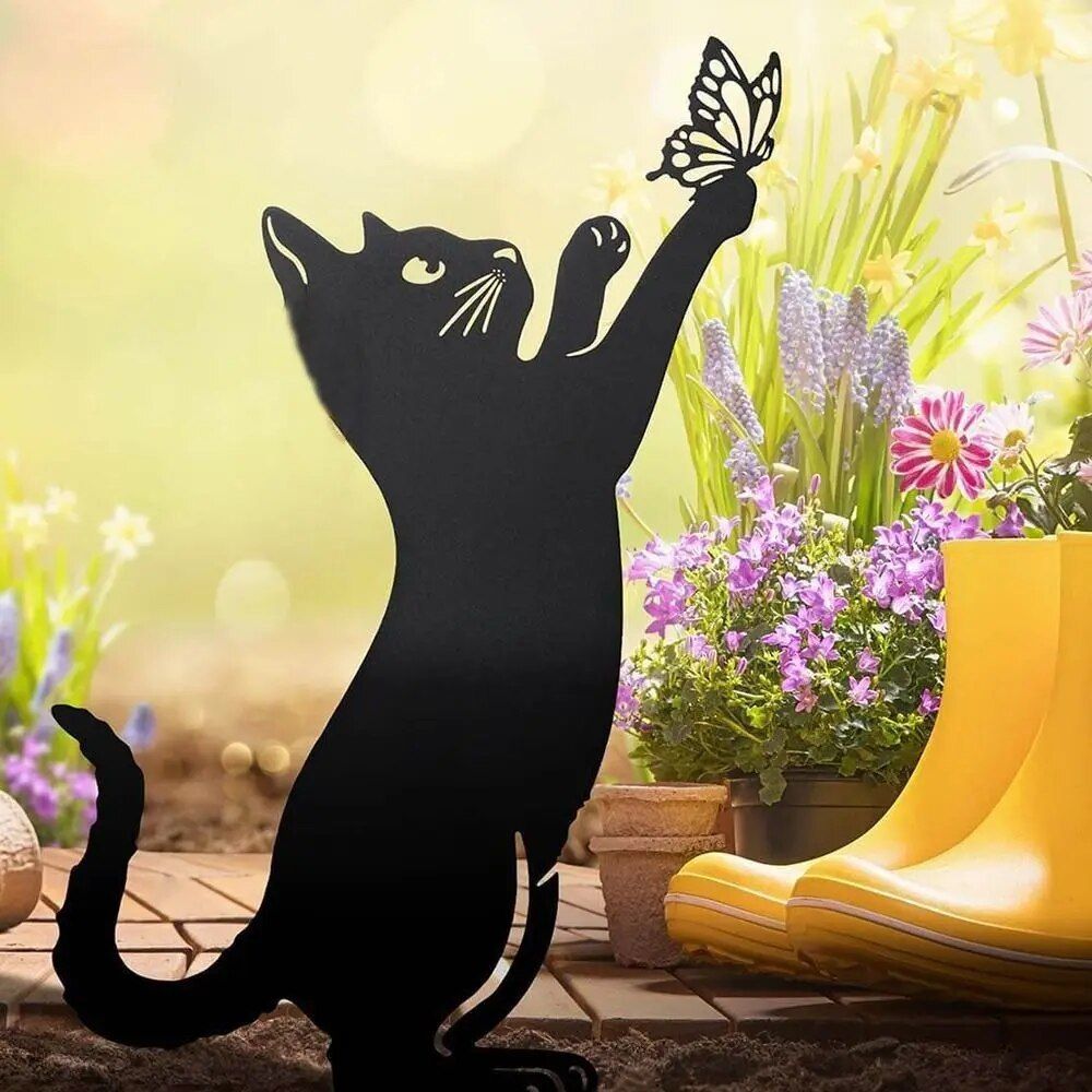 Elegant Black Metal Cat Garden Statue