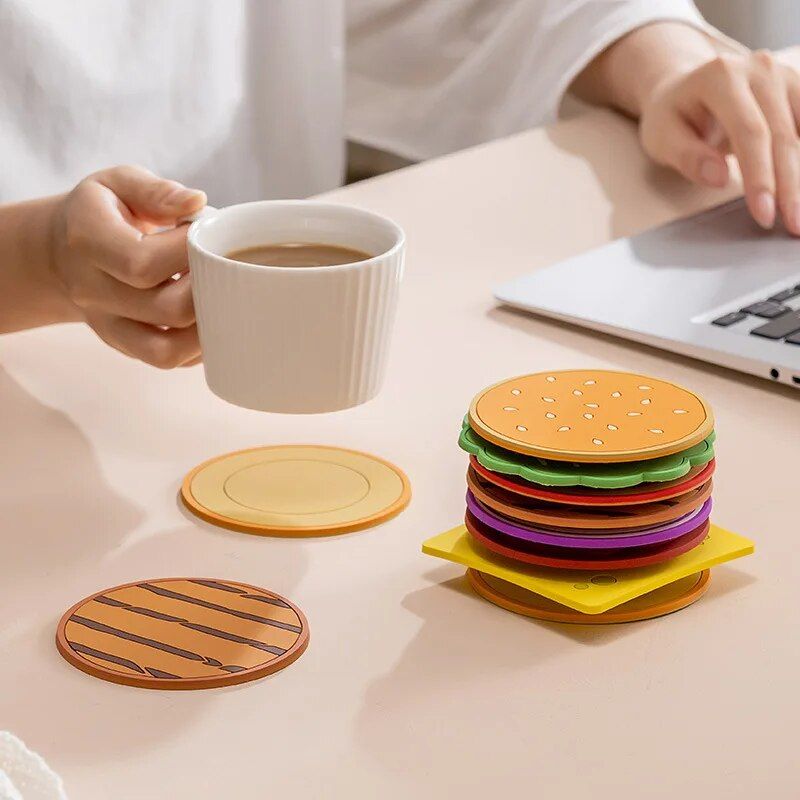 Eco-Friendly Cartoon Hamburger Silicone Placemats - Heat-Resistant Drink Coasters, 8 Piece Set