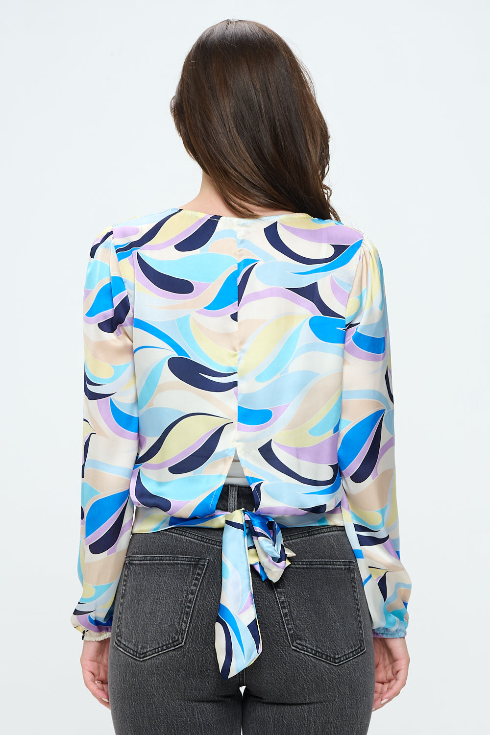 Long sleeve surplice top in swirl print