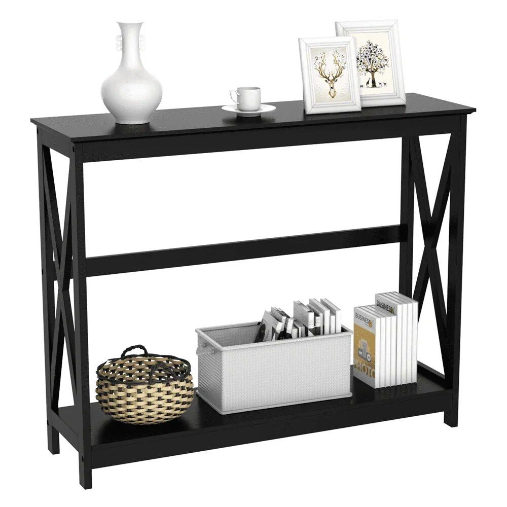 Elegant 2-Tier Black Wood Console Table with X Design and Storage Shelf