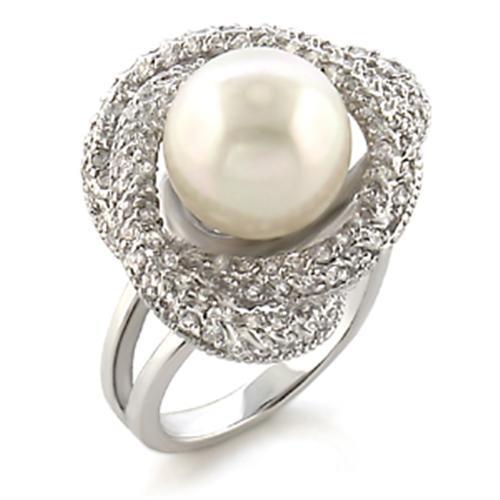 9W005 - Rhodium Brass Ring with Synthetic Pearl in White | Turquoise Tiger