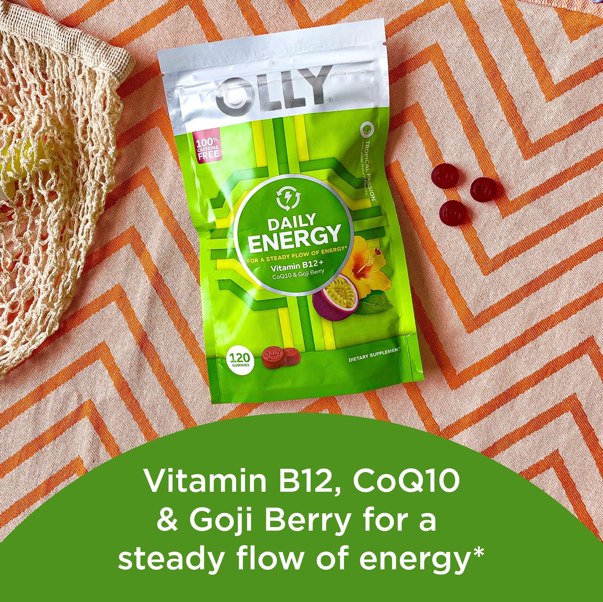 OLLY Daily Energy Gummy, Caffeine Free, Vitamin B12, CoQ10, Goji Berry, Adult Chewable Supplement, Tropical Flavor - 120 Count Pouch