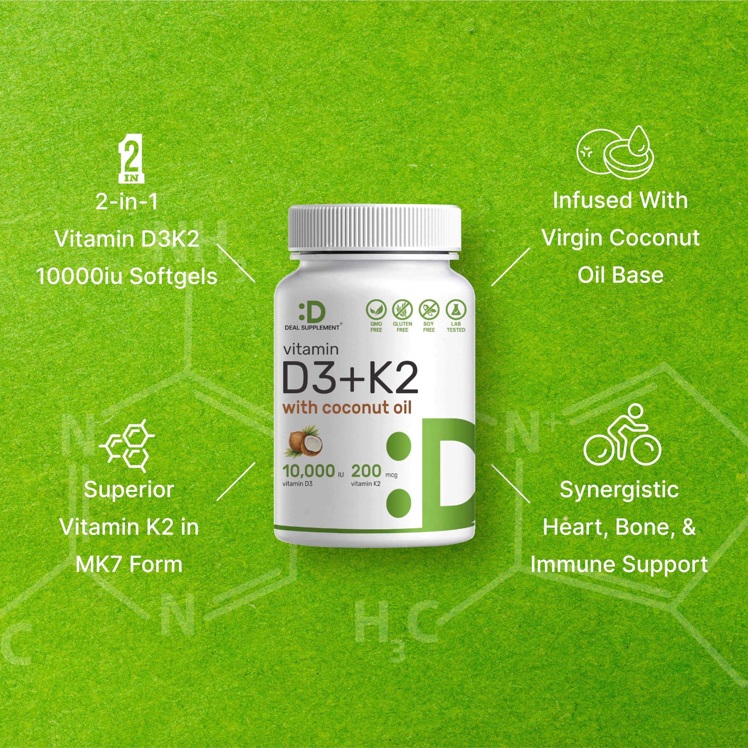 Sunshine Vitamin D - Vitamin D3 10000 IU with K2 MK7 200mcg, Infused with Virgin Coconut Oil, Support Healthy Bones, Teeth and Immune System - Easy to Swallow