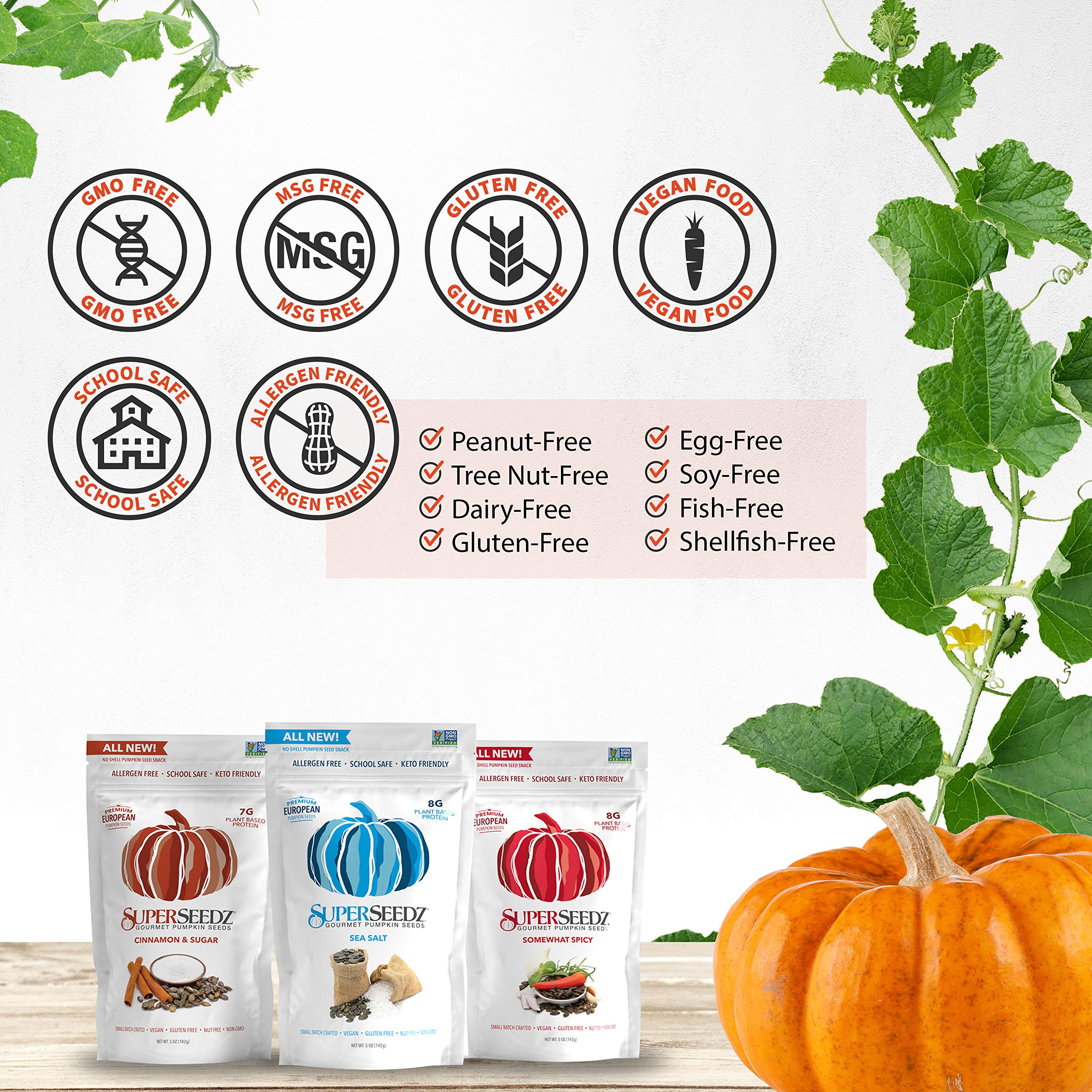 Superseedz Gourmet Roasted Pumpkin Seeds | Sea Salt | Whole 30, Paleo, Vegan & Keto Snacks | 8g Plant Based Protein | Produced In USA | Dairy Free | Nut Free | Gluten Free Snack | (6-pack, 5oz each)