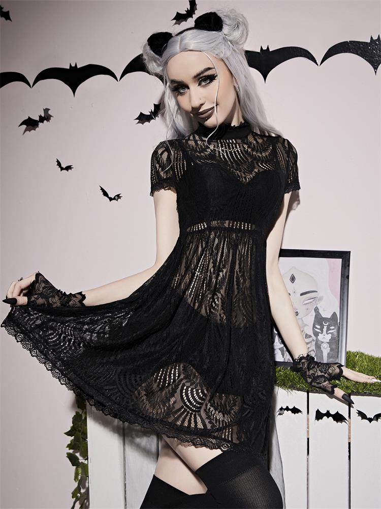 Gothic Mock Neck Lace Dress Halloween Costume Without Gloves